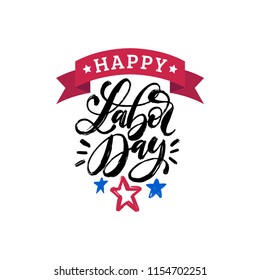 Labor Day, hand lettering with ribbon on stars background. Vector illustration of USA holiday for greeting or invitation card, festive poster or banner. 