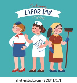 Labor Day With Happy Woman Worker, Hand Drawn Flat Character Design, Vector, Illustration