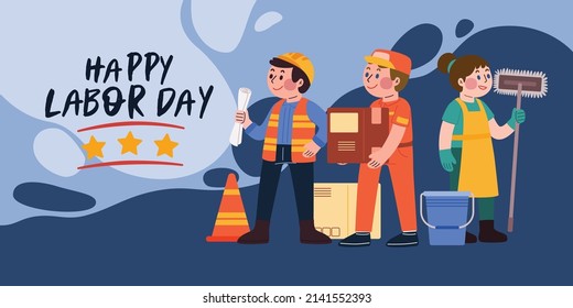 Día del Trabajo con un trabajador feliz, diseño plano de caracteres dibujado a mano