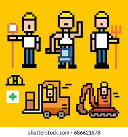 Labor Day Holiday. Builder and worker. Pixel Art. Elements Design. Illustration and icon.