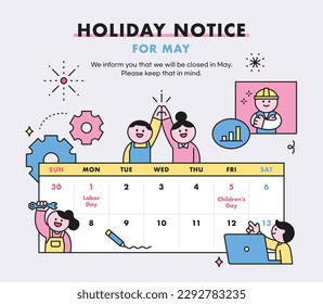 Labor Day. holiday calendar. Cute worker characters. Poster, webpage template. people who are working.