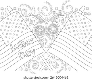 Labor Day Holiday Celebration Black and White Line Art Illustration for Coloring Book or Design Element. Features stylized flags with stars and stripes and decorative floral and paisley swirls.