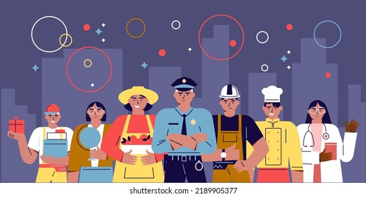 Labor Day holiday horizontal vector with large group of diverse workers of various professions and specialists. Modern flat vector cartoon illustration concept for banner, poster, layout.