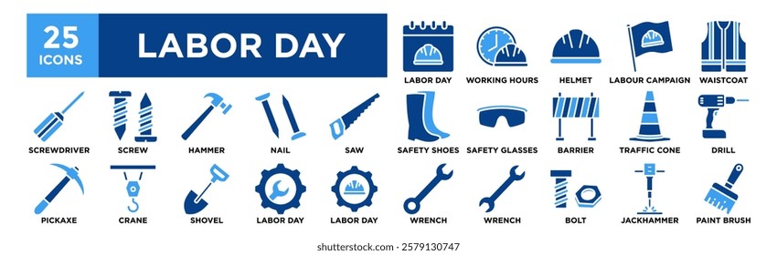 Labor Day icon collection set. Containing design Working Hours, Construction Helmet, Labor Campaign, Waistcoat	