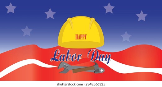 labor day icon, helmet hammer and wrench on united states flag background