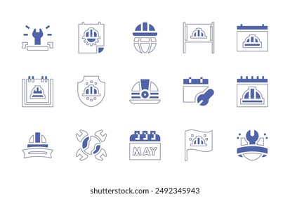 Labor Day icon set. Duotone style line stroke and bold. Vector illustration. Containing laborday, labourday, world, wrench, internationallabourday, labour, shield, flag, poster.