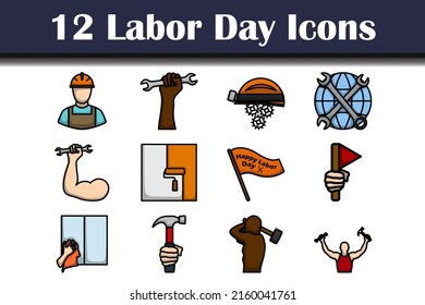 Labor Day Icon Set. Editable Bold Outline With Color Fill Design. Vector Illustration.