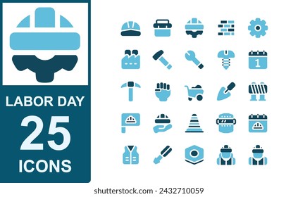conjunto de iconos de día de trabajo.estilo de tono duo.contiene casco,día de trabajo,caja de herramientas,ladrillo,engranaje,fábrica,martillo,llave,perno,mayday,calendario.ilustración vectorial.