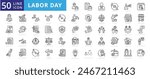 Labor day icon set with work, employee, union, celebration, holiday, solidarity, right, employment, protest and strike.