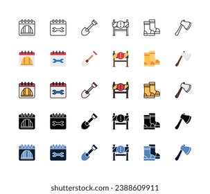 Juego de iconos del Día del Trabajo, conjunto de trabajo, calendario, pala, barrera vial, botas, hacha, iconos