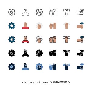 Labor Day Icon Set, Set of work, gear, labor day hand, hand gear, protest, wrench hand, hammer hand, icons