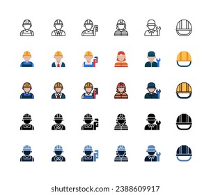 Juego de iconos del Día del Trabajo, conjunto de trabajo, trabajador, ingeniero, mecánico, plomero, sombrero duro, sombrero de construcción, bombero, iconos