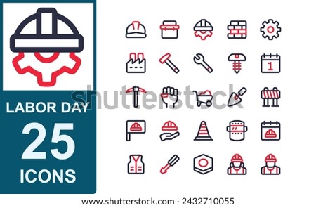 labor day icon set.2 line color style.occupational safety,cone,welding,high visibility vest,screwdriver,nuts,workers,helmet,labor day,tool box,brick,gear,factory,hammer,wrench.