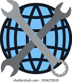 Labor Day Icon. Wrenches and planet. Flat Color Design. Vector Illustration.
