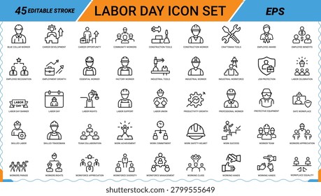 Labor day icons set, construction worker, factory worker, labor union, worker team, work safety helmet, labor rights, skilled labor, industrial worker, workforce diversity, Web icon, App icon, Outline icon, Editable stroke, line art, Vector EPS
