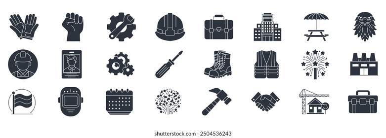Labor Day icons set, Included icons as Briefcase, Hard Hat, Office Building, Factory and more symbols collection, logo isolated vector illustration