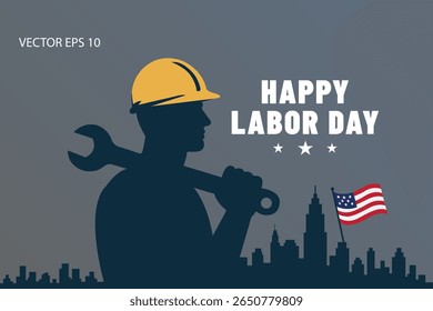 Ilustración del Día del Trabajo con trabajador de la construcción y bandera estadounidense