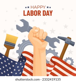 Labor day illustration with hands clasping and construction tools