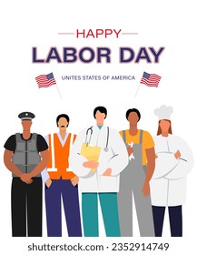 Labor Day illustration. Happy Labor Day text with workers of different professions. Vector banner for Labor Day USA.
