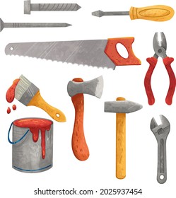 labor day illustration, tools, screwdriver, saw, wrench, axe, hammer, paint or varnish, brush, pliers, self-tapping screw