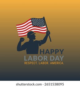 Labor Day Illustration with Worker Silhouette Holding USA Flag