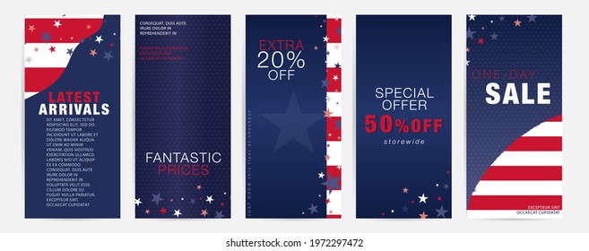 Labor Day, Independence Day sale patriotic holiday vertical long modern flyer set with stars, stripes and abstract shapes. Special offer, latest arrivals, one-day sale business promotional materials.