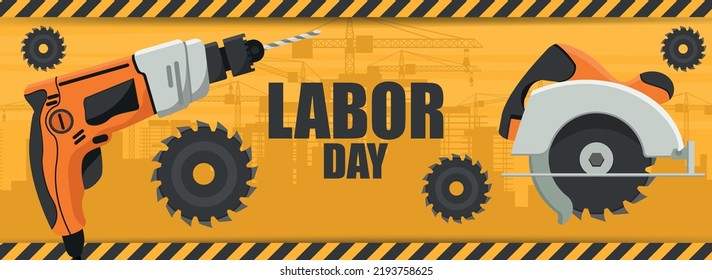 Labor day industrial background with work tools like drill and circular saw