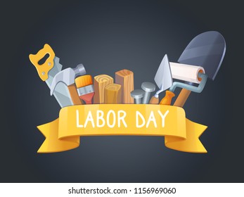 Labor day instruments with yellow label on dark background. Shiny vector instruments for Labor Day poster.