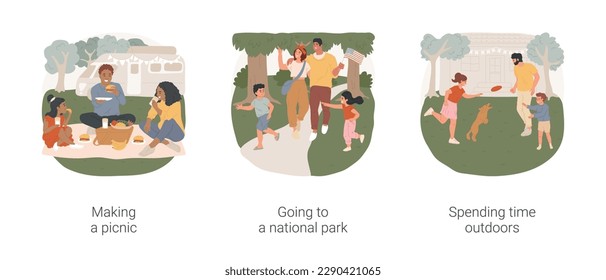 Labor Day isolated cartoon vector illustration set. Happy family having a picnic outdoors, Labor Day tradition, going to a national park, spending time with children outdoors vector cartoon.