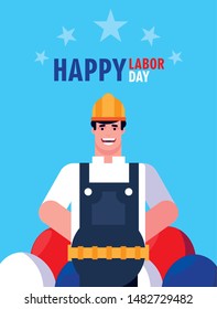 labor day label with man worker construction