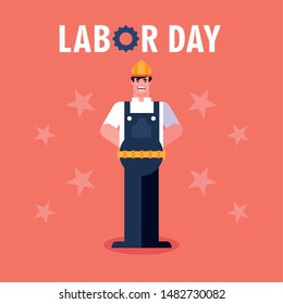 labor day label with man worker construction