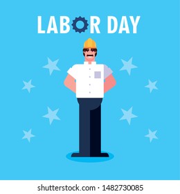 labor day label with man worker construction