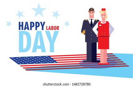 labor day label with pilot and stewardess
