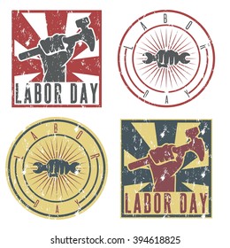 Labor Day labels with the hand of worker holding the wrench and hammer