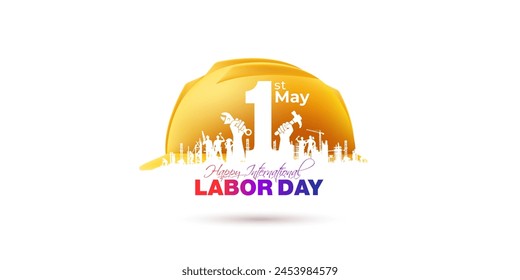 Labor Day or Labour Day celebration background. 1st May Happy International Labour Day text with safety helmet workers.