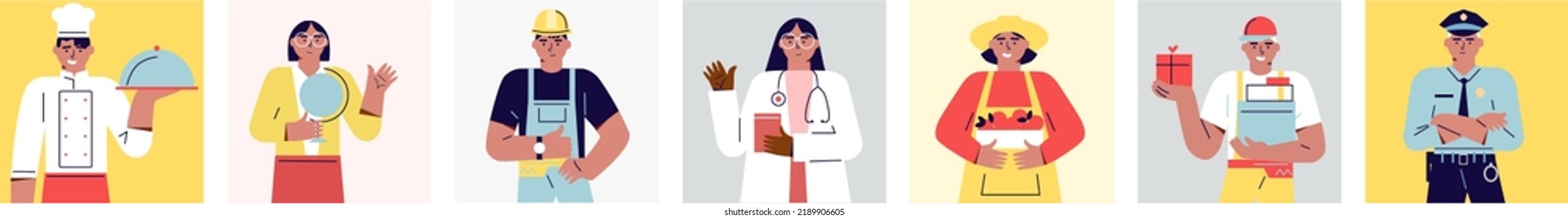 Labor Day. large people diverse workers of various professions and specialists. Modern flat vector cartoon illustration concept for banner, poster, layout. Cook, police, doctor, teacher ect