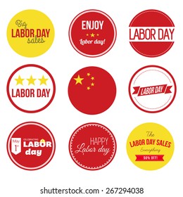 Labor Day Large set. Collection of vintage retro grunge labels, badges and icons. Chinese Flag with labels