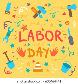 Labor Day Lettering Greeting Banner In View Ribbon With hammer, screwdriver, spanner, tool. First May Poster. Vector