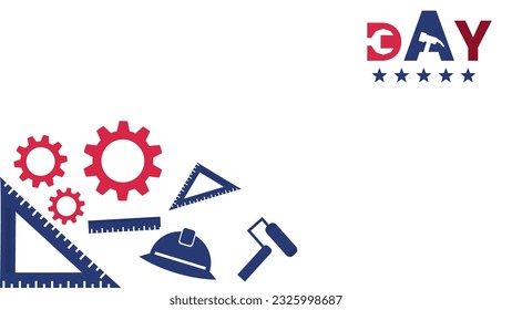 Labor Day lettering USA background vector illustration for strong men with tools element - ruler, hat, brush, gear with copy space on white background