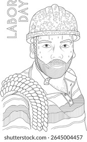 Labor Day Line Art: Portrait of a Sweaty, Determined Worker in Hard Hat and Rope for Holiday Themes and Coloring