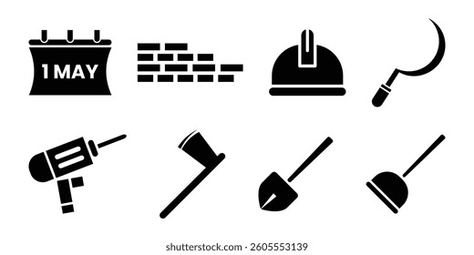 Labor day line editable icon set. Must-Have Construction Tools. Mining, worker, labor, coal, underground, digging, track, rail and more icons. vector illustration.