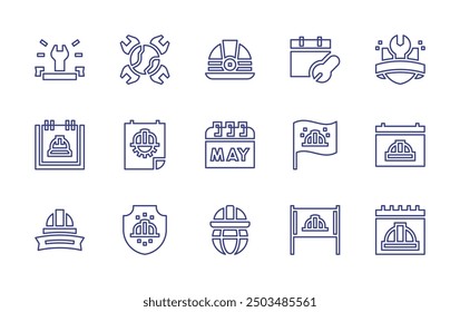 Zeilensymbol für Arbeitstag festgelegt. Bearbeitbarer Strich. Vektorgrafik. Enthaltend laborday, arbeitstag, welt, schlüssel, internationallabourday, arbeit, schild, flagge, poster, banner.