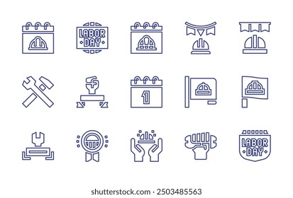 Labor Day line icon set. Editable stroke. Vector illustration. Containing laborday, flag, badge, wrench, labourday.