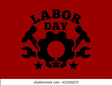 Labor Day logo against the backdrop of the red flag. Labor Day. Workers' Day. May Day card. Vector illustration