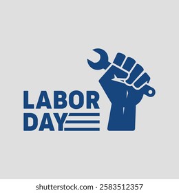 Labor Day logo, raised fist holding wrench, blue silhouette, white background, minimalist design