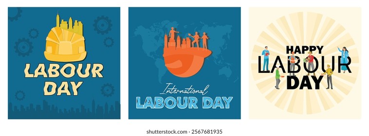 Labor Day, May 1. Group of workers and safety helmets. People with various professions. Labor Day concept. Set flat vector illustration.