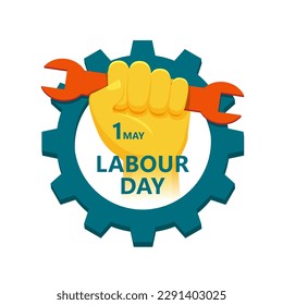 Labor Day May 1st. A fist clenching a wrench in a gear, isolated on a white background.