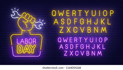 Labor Day neon sign, bright signboard, light banner. Happy Labor Day logo. Neon sign creator. Neon text edit