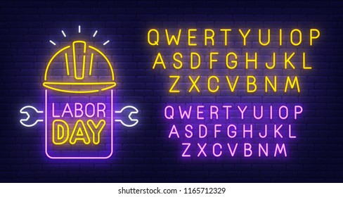 Labor Day neon sign, bright signboard, light banner. Happy Labor Day logo. Neon sign creator. Neon text edit