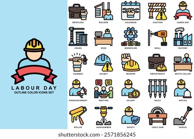 Labor day outline color icons pack, contain builder, caution, crane, hammer, helmet, worker, meeting, safety and more. use for modern concept UI and UX kit, app and web development. Vector EPS 10.